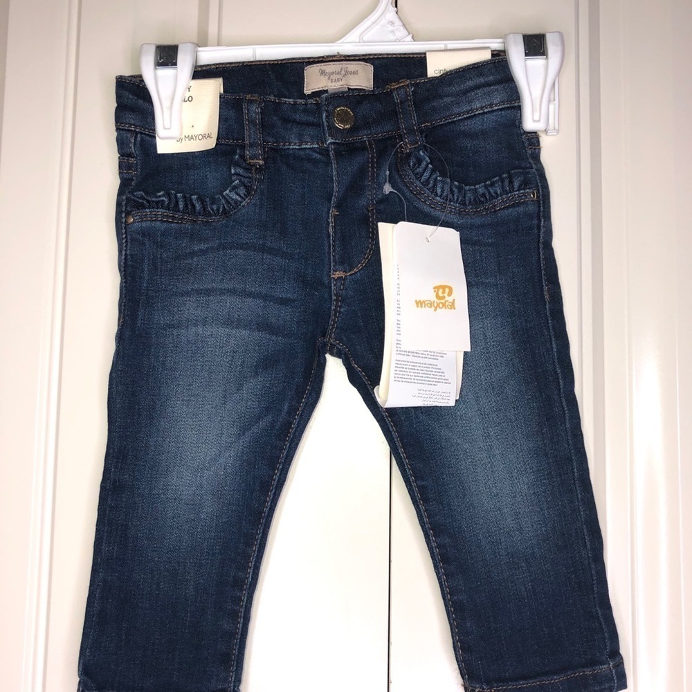 Mayoral Baby Girl Ruffle Pockets Dark Blue Denim Jeans Size 6 Months